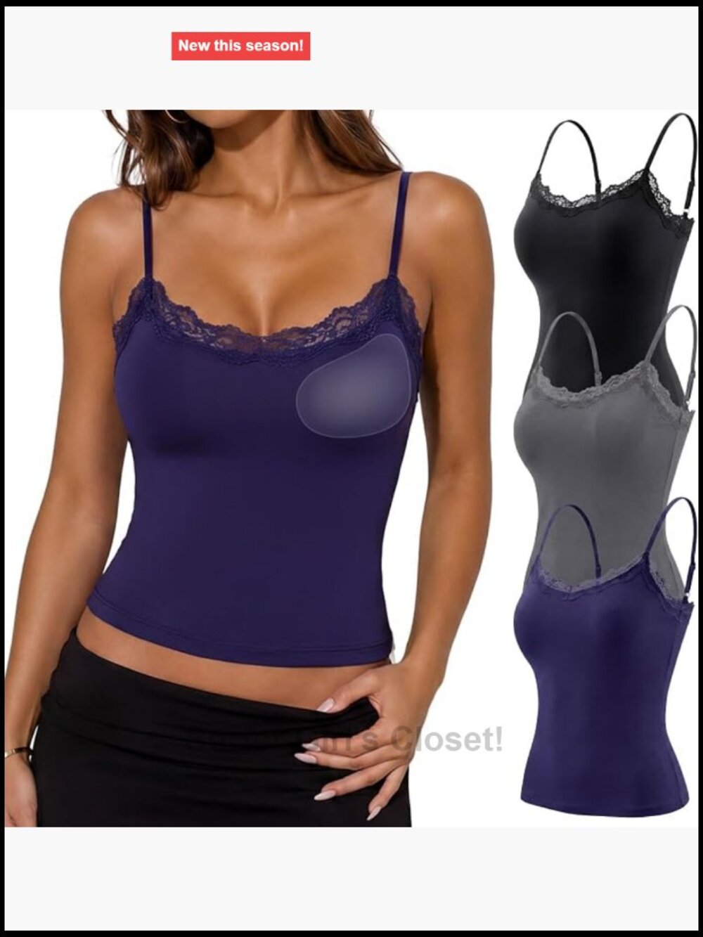 3 Pack Padded Lace Cami Top Double Lined Square Neck Adjustable Spaghetti Strap